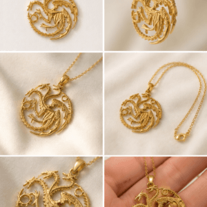 House of the Dragon Inspired Dragon Pendant Necklace is a premium gold fantasy jewelry piece featuring a detailed three-headed dragon pendant. Perfect for collectors, cosplay, and dragon lovers.