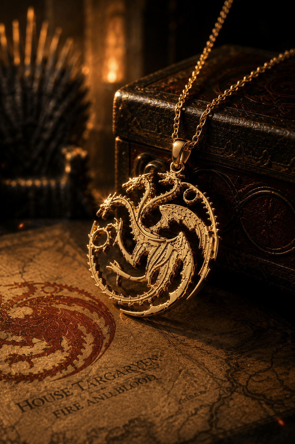 GOT Dragon Pendant Premium gold House of the Dragon-inspired three-headed dragon pendant necklace displayed on a fantasy-themed book with dragon emblem, dragon figurine, and medieval map background.